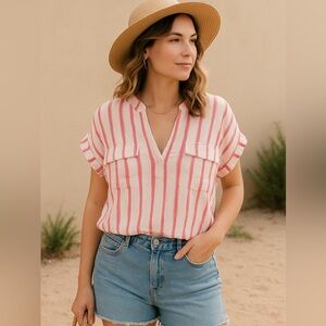 Maeve by Anthropologie Pink & White Striped Linen Blend Blouse Size Large